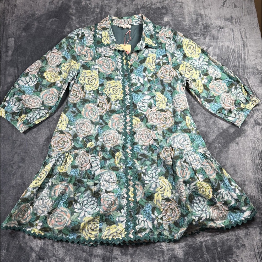 NWT Entro Floral Cotton Shirt Dress L Tiered Ric Rac Cottagecore